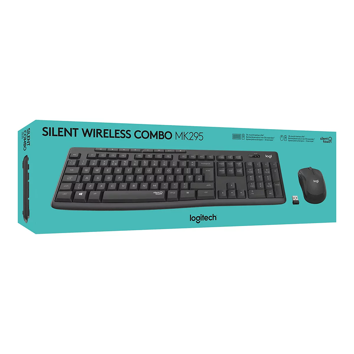 Image de l'emballage d'un Logitech Silent Wireless Combo MK295. L'emballage comprend un clavier, une souris et un récepteur USB. Le texte sur l'emballage comprend "Silent Wireless Combo", "MK295" et "Silent Touch".