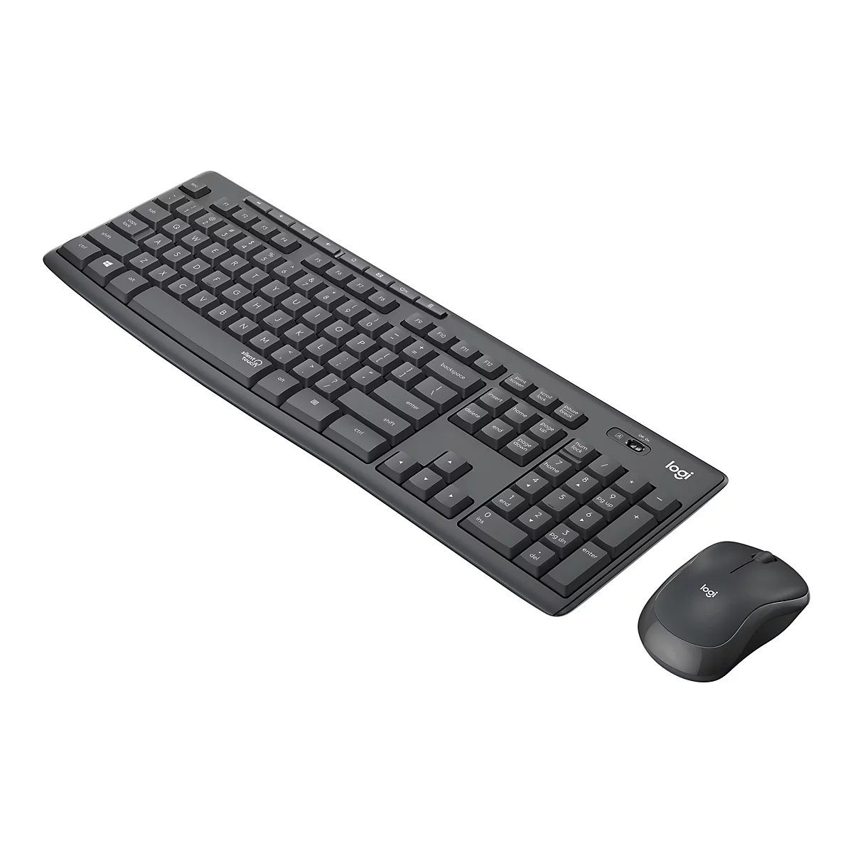 Vue de dessus d'un clavier et d'une souris sans fil gris anthracite, sur fond blanc. Le clavier a une disposition complète des touches et le logo Logitech. La souris a un design ergonomique.