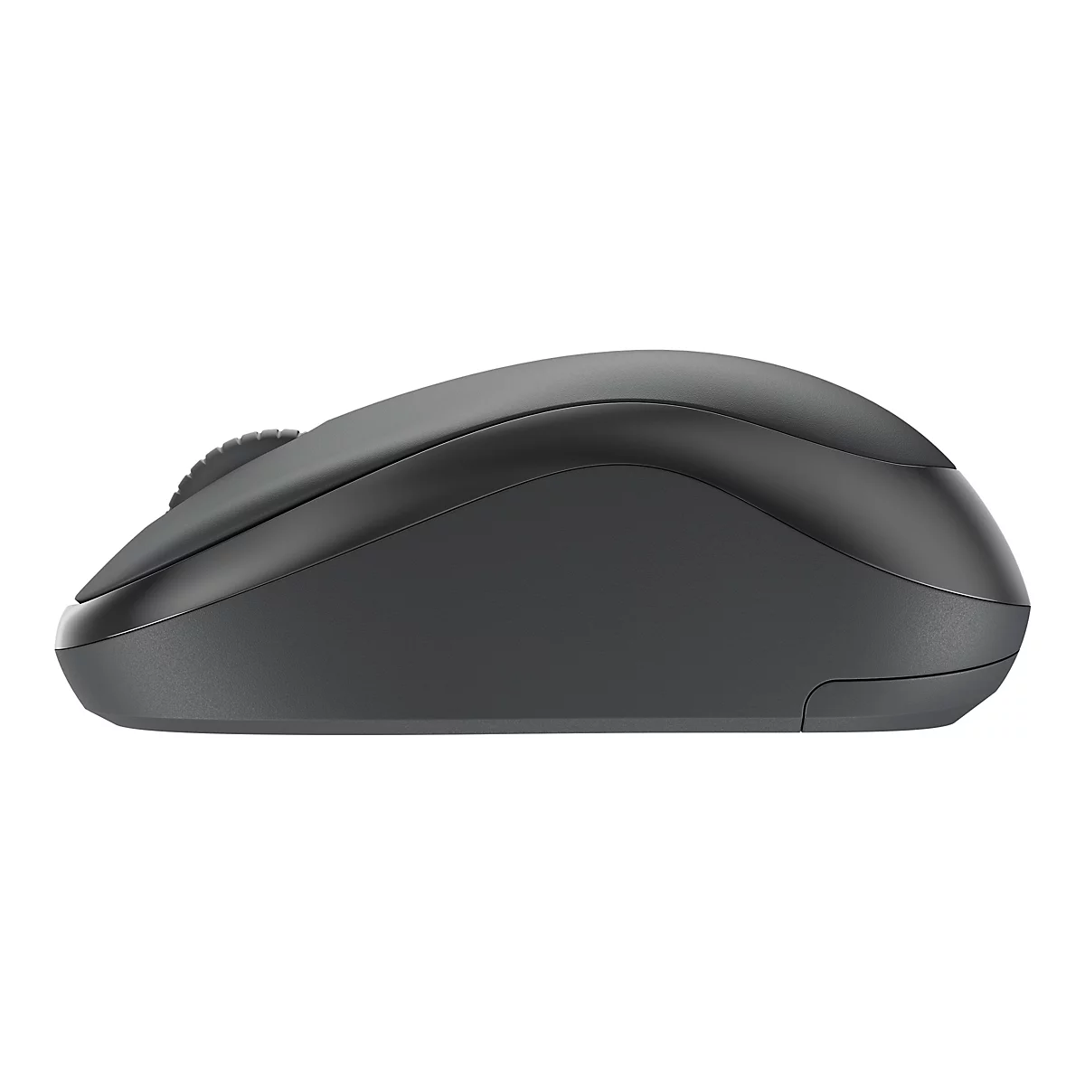 Draufsicht auf eine schwarze Computermaus, abgebildet vor weiÃŸem Hintergrund.