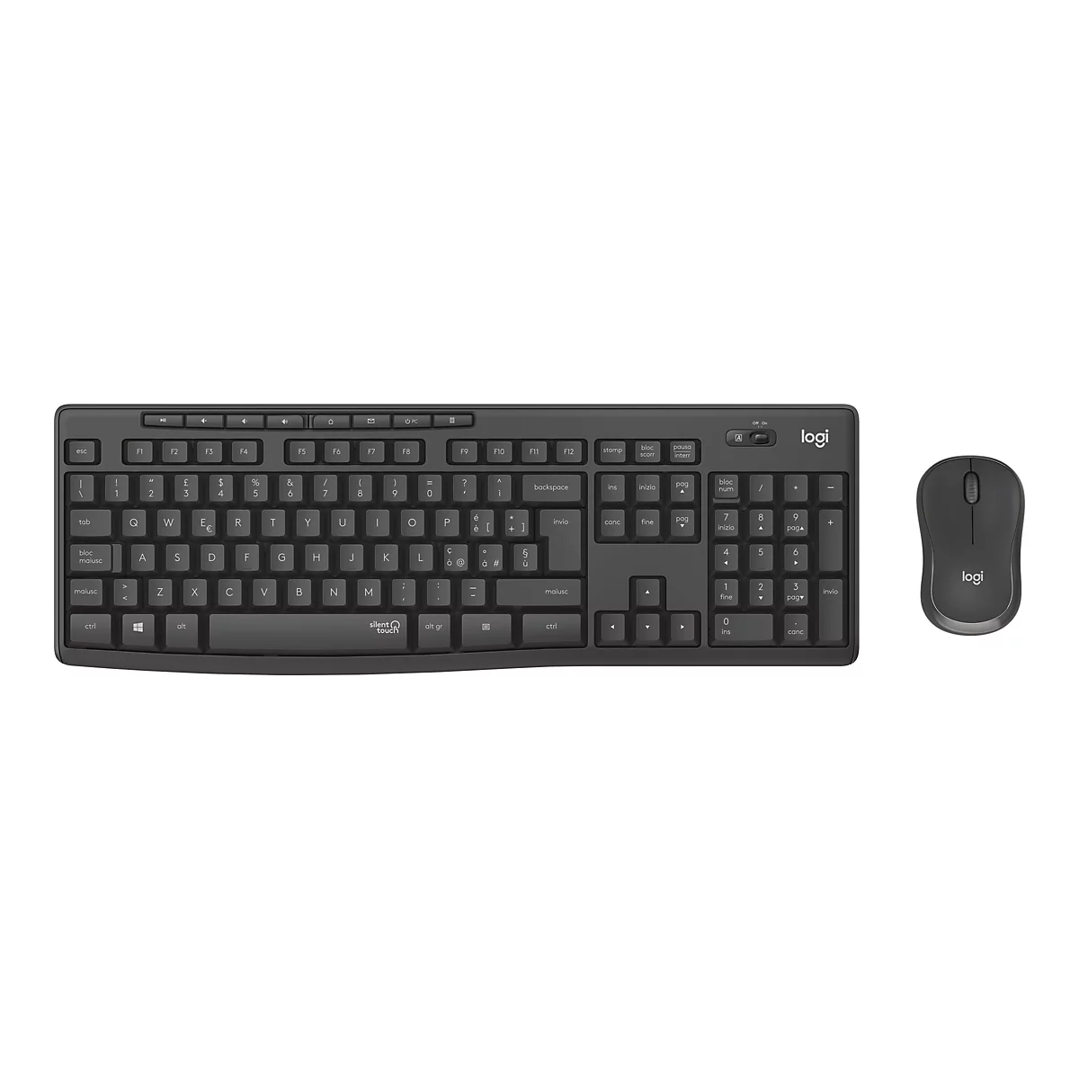 Schwarzes kabelloses Tastatur- und Maus-Set. Die Tastatur hat viele Tasten, die Maus hat ein Scrollrad.