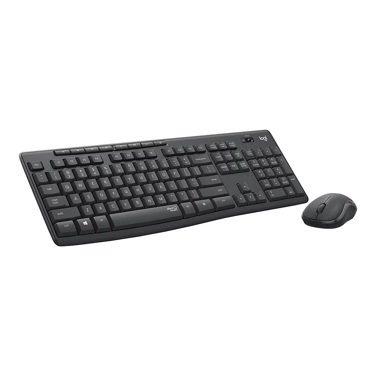 Draufsicht auf eine schwarze kabellose Logitech-Tastatur und Maus vor weißem Hintergrund.