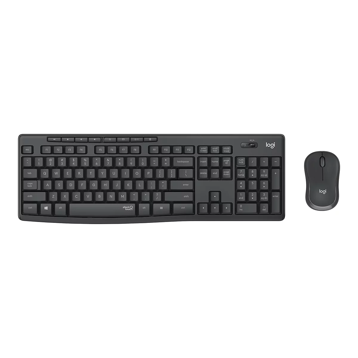 Draufsicht auf eine kabellose Logitech Tastatur und Maus in Dunkelgrau. Die Tastatur hat eine Standard-QWERTZ-Anordnung, die Maus hat drei Tasten und ein Scrollrad.