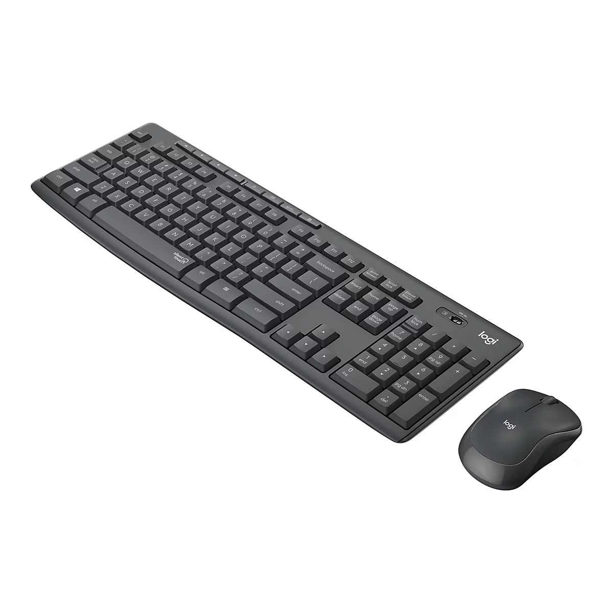 Draufsicht auf ein graues Logitech-Keyboard mit passender Maus, vor weißem Hintergrund. Das Keyboard hat eine vollständige Tastaturbelegung, inklusive Nummernblock.