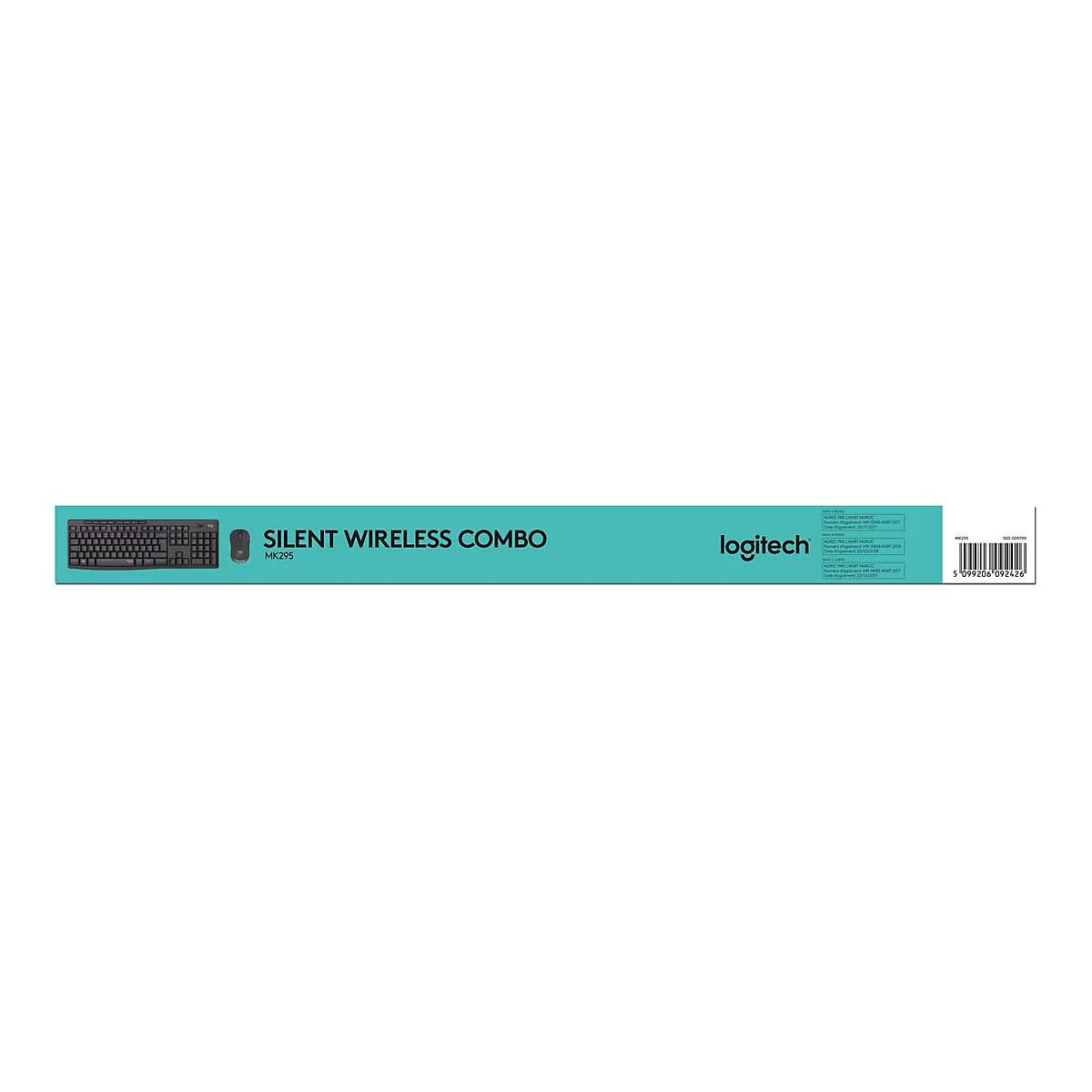 Auf einer weißen Fläche ist die Produktverpackung des Logitech Silent Wireless Combo MK295 zu sehen, die eine Tastatur und eine Maus zeigt. Der Name und das Logo der Marke Logitech sind ebenfalls deutlich sichtbar.