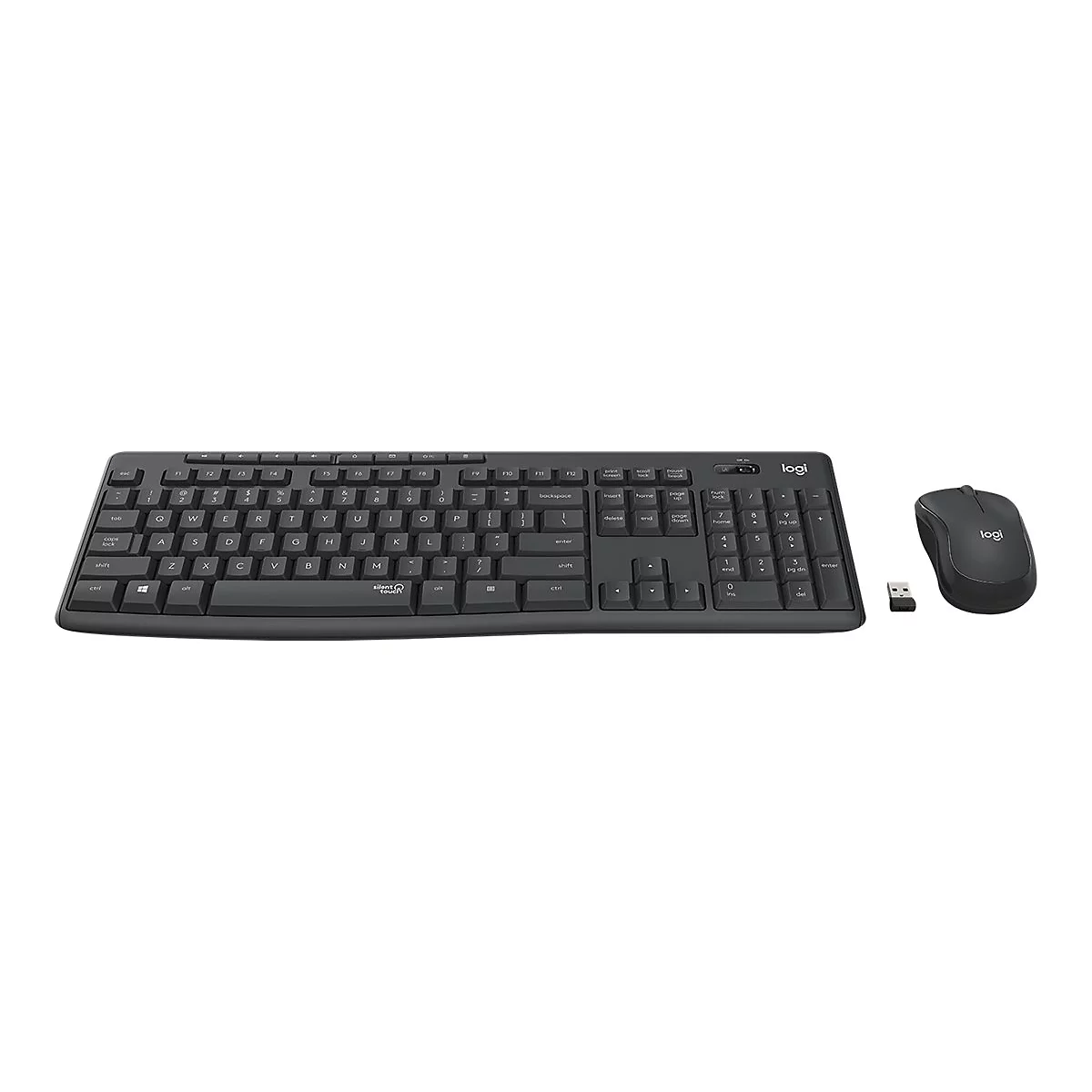 Drahtlose Tastatur und Maus-Set, dunkelgrau, von Logi. Tastatur mit Ziffernblock, Maus daneben, USB-Empfänger.