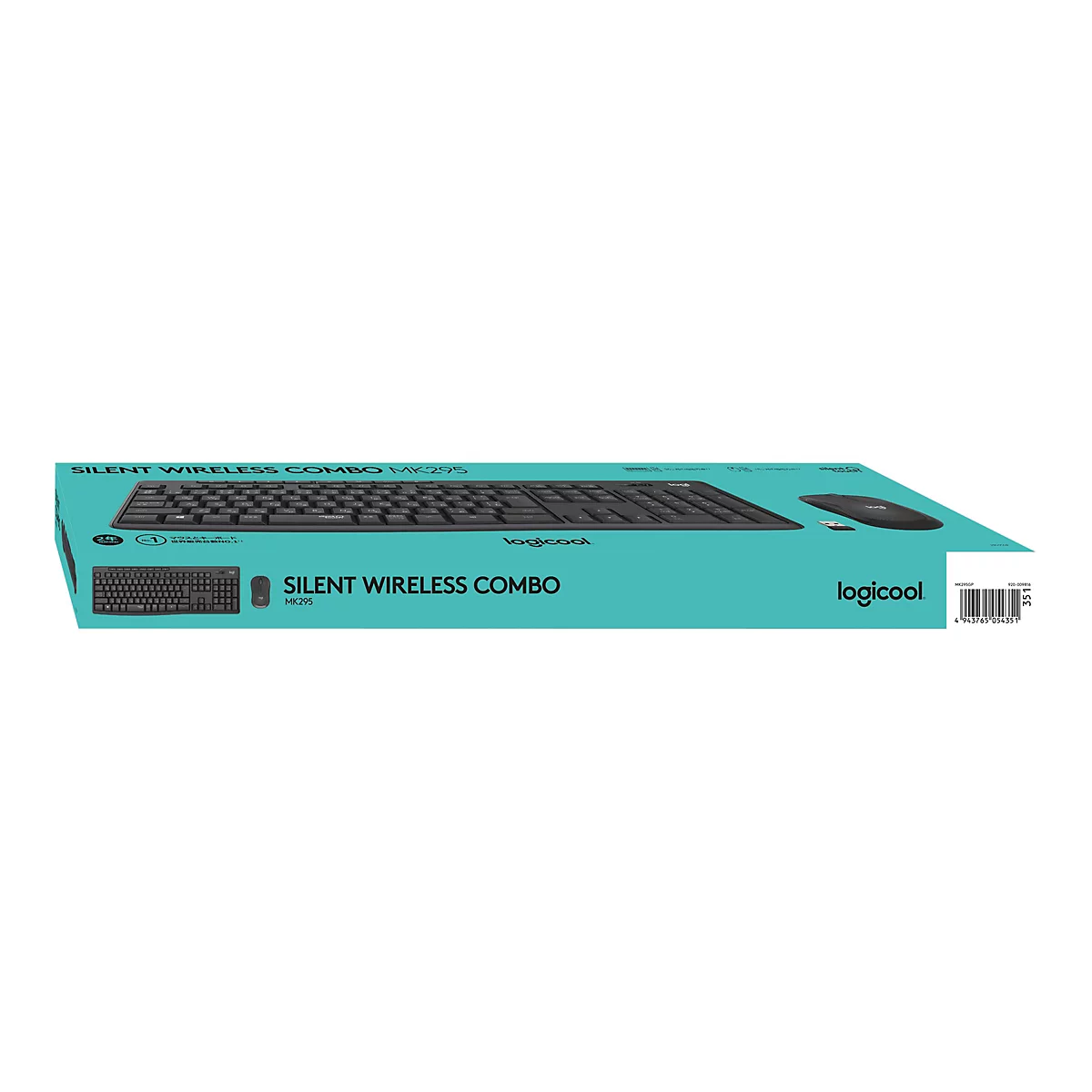 Eine Produktverpackung, die ein kabelloses Tastatur-Maus-Set von Logitech zeigt. Auf der Verpackung stehen Informationen über das Produkt, einschliesslich des Namens "Silent Wireless Combo MK295" und des Logos von Logitech.