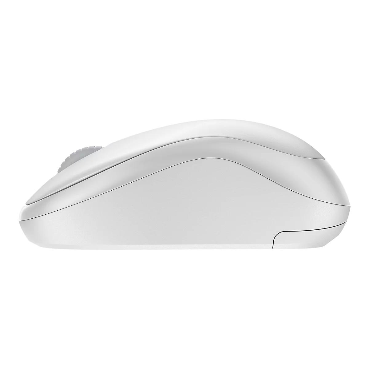Draufsicht einer weiÃŸen, ergonomischen Computermaus mit Scrollrad.