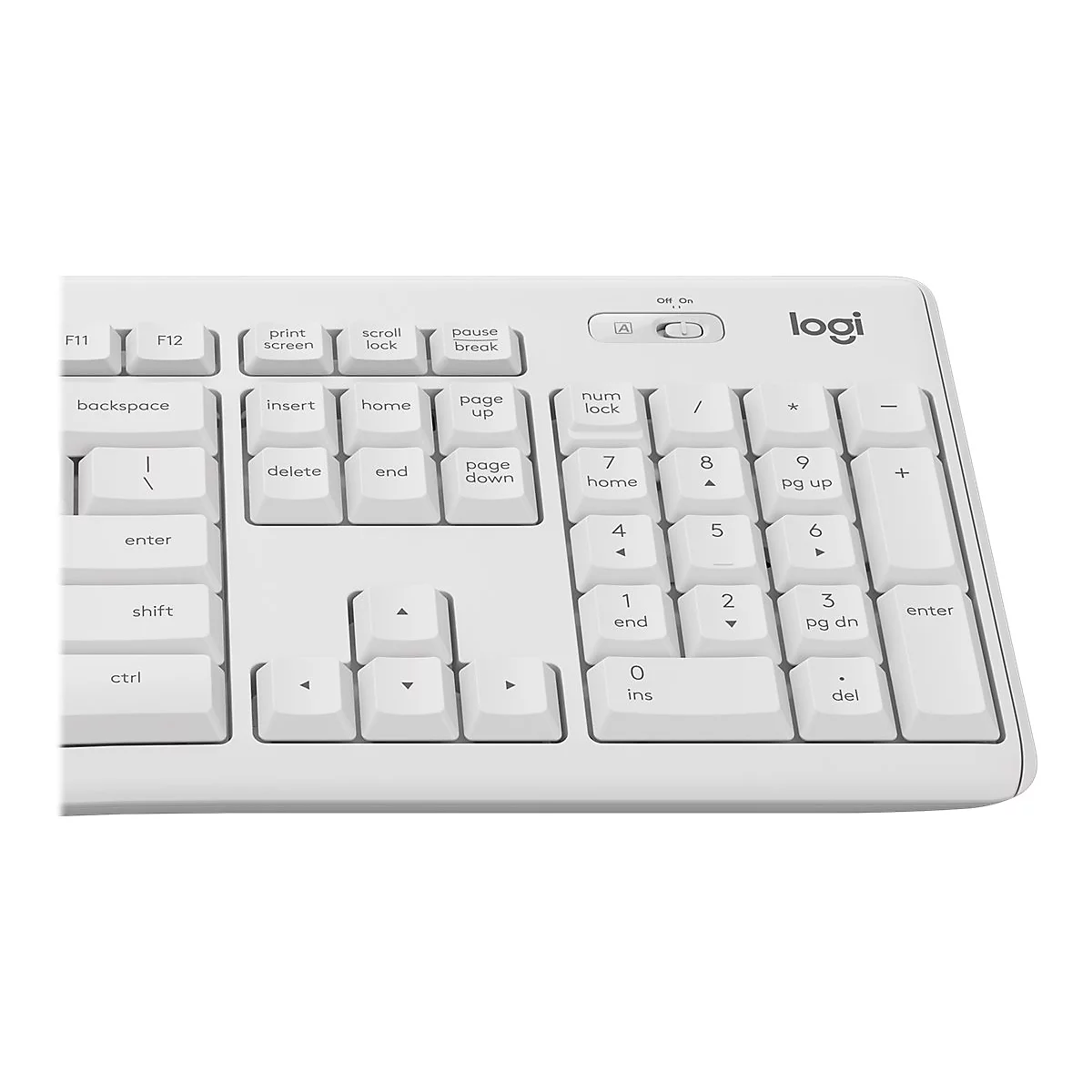 WeiÃŸe Logitech-Tastatur, Nahaufnahme. Tastatur mit Nummernblock und Funktionstasten.