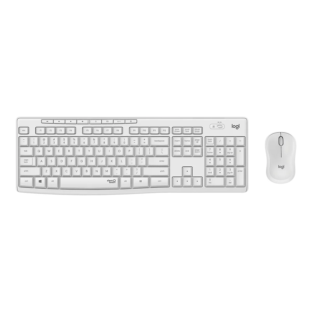 WeiÃŸes Logitech-Tastatur- und Maus-Set. Auf weiÃŸem Grund, Blick von oben.