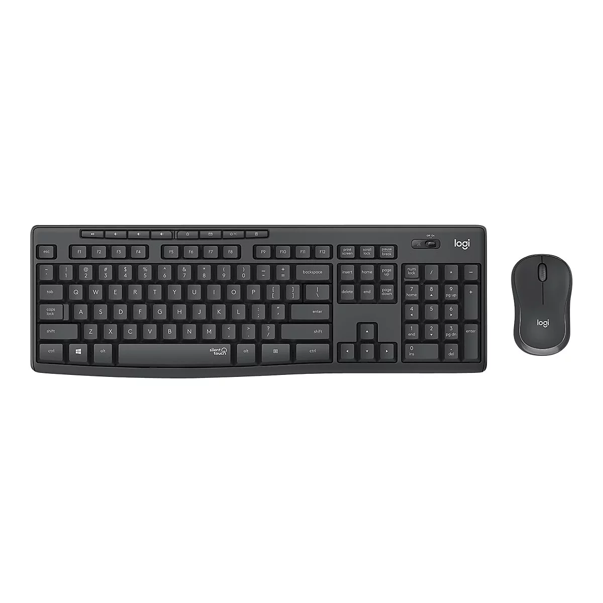 Draufsicht auf ein schwarzes Logitech-Tastatur- und Maus-Set auf weißem Grund.