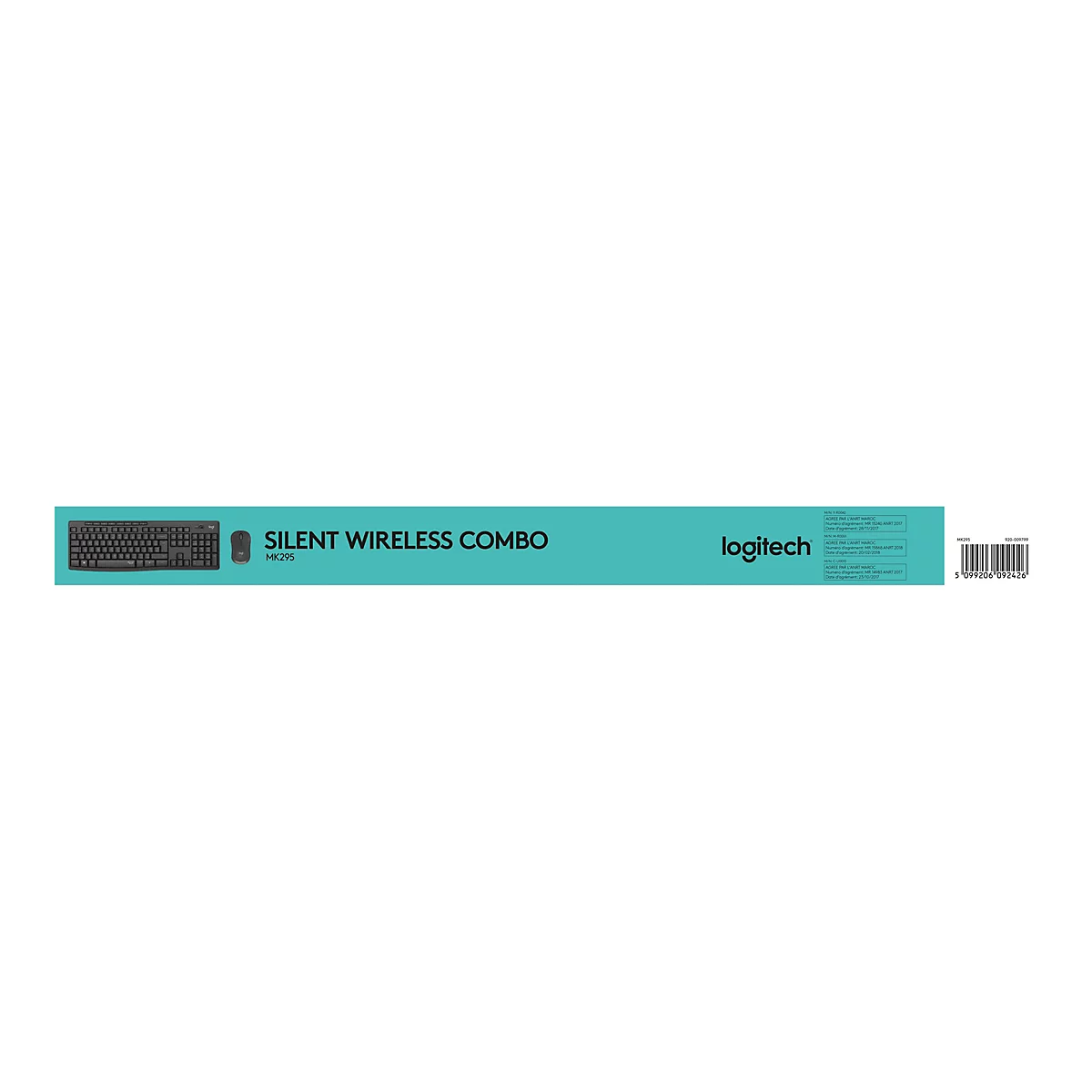 Eine Produktverpackung mit einer Tastatur und einer Maus, der Schriftzug "SILENT WIRELESS COMBO" und das Logitech-Logo.