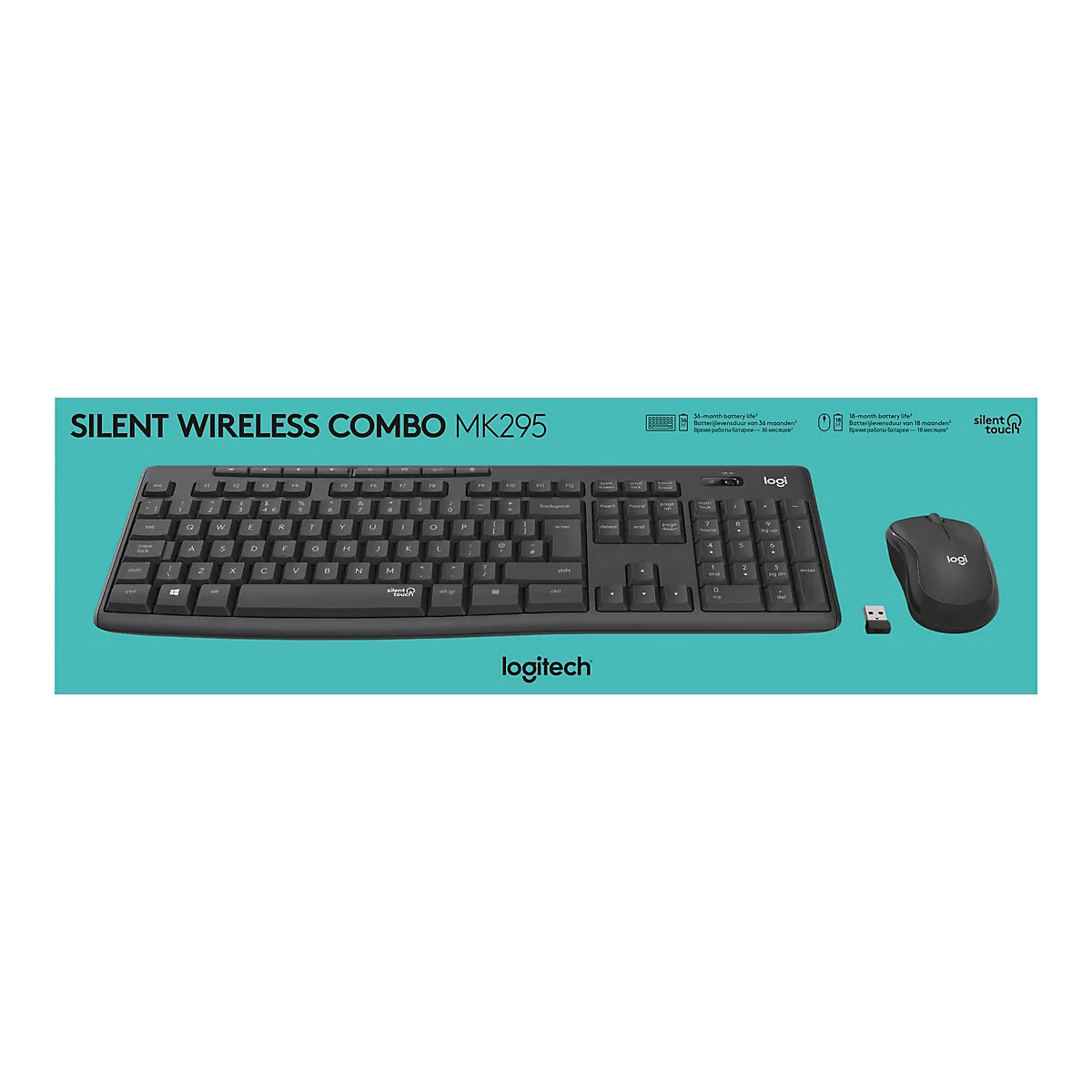 Drahtlose Tastatur und Maus-Set, schwarz. Auf dem Bild sind die Tastatur, die Maus und der USB-Empfänger zu sehen.