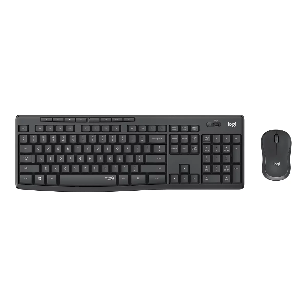 Eine drahtlose Tastatur und Maus-Kombination auf weißem Hintergrund. Die Tastatur ist dunkelgrau und hat eine vollständige Anordnung von Tasten mit einer separaten numerischen Tastatur. Die Maus ist flach, dunkelgrau und hat zwei Tasten und ein Scrollrad.