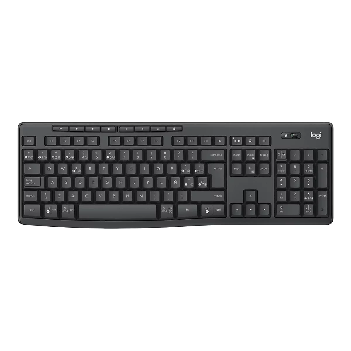 Draufsicht auf eine schwarze Computertastatur mit weißen Buchstaben und Zahlen, Logi-Logo rechts oben.