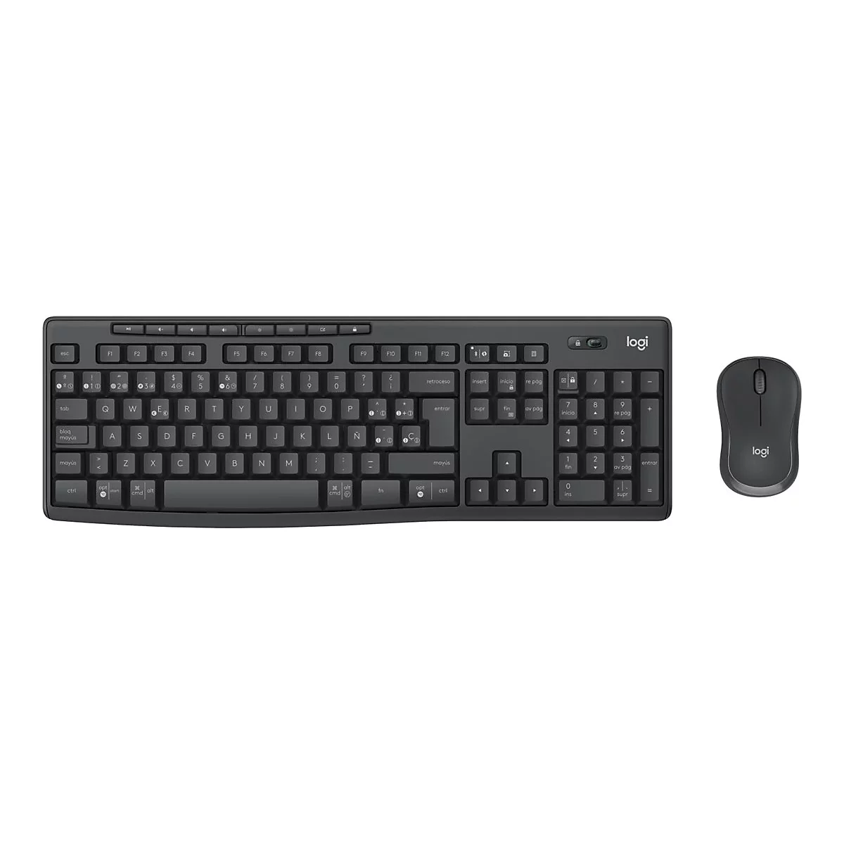 Draufsicht auf ein schwarzes Logitech-Tastatur-Maus-Set. Die Tastatur hat Tasten mit Buchstaben und Zahlen. Die Maus befindet sich rechts daneben.