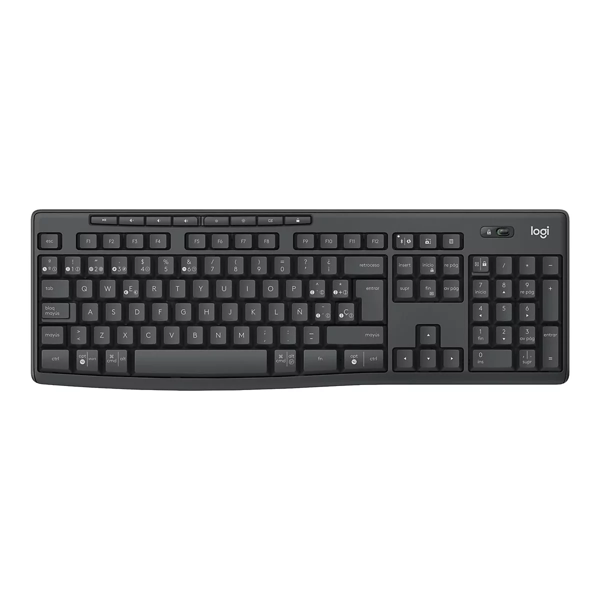 Draufsicht auf eine schwarze Logitech-Tastatur mit Buchstaben, Zahlen und Funktionstasten.