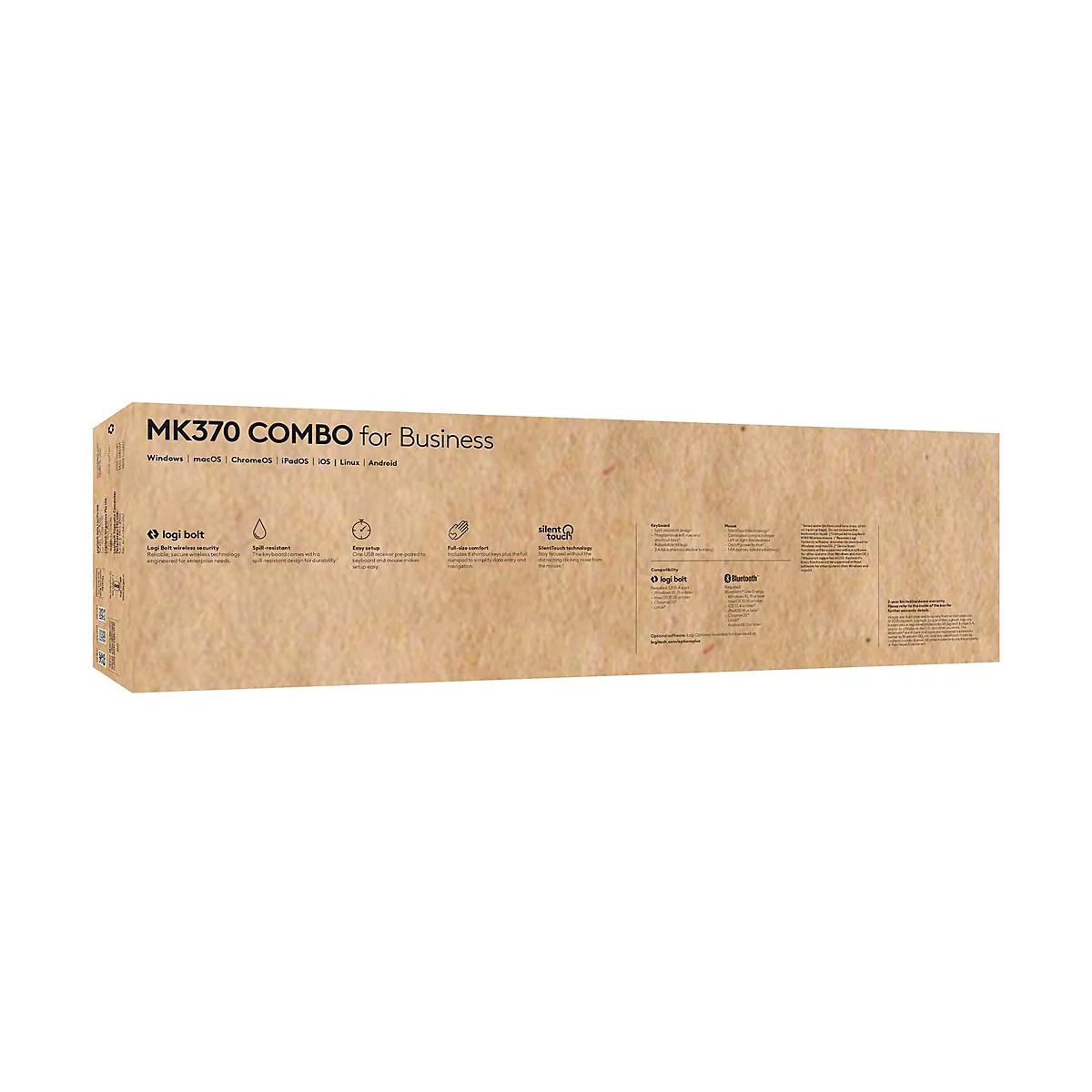 Die braune Verpackung eines Logitech MK370 Combo for Business. Aufgedruckt sind Details wie "logi bolt", "silent touch" und die Kompatibilität mit verschiedenen Betriebssystemen.