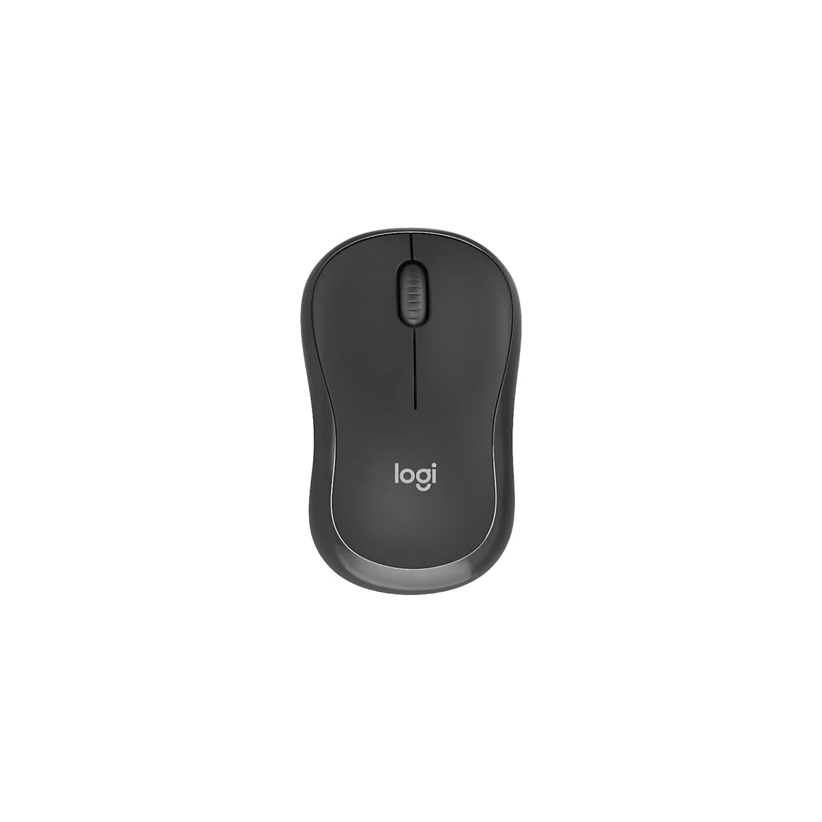 Drahtlose, dunkelgraue Logitech-Maus. Oben befindet sich ein Scrollrad, darunter steht „logi“.