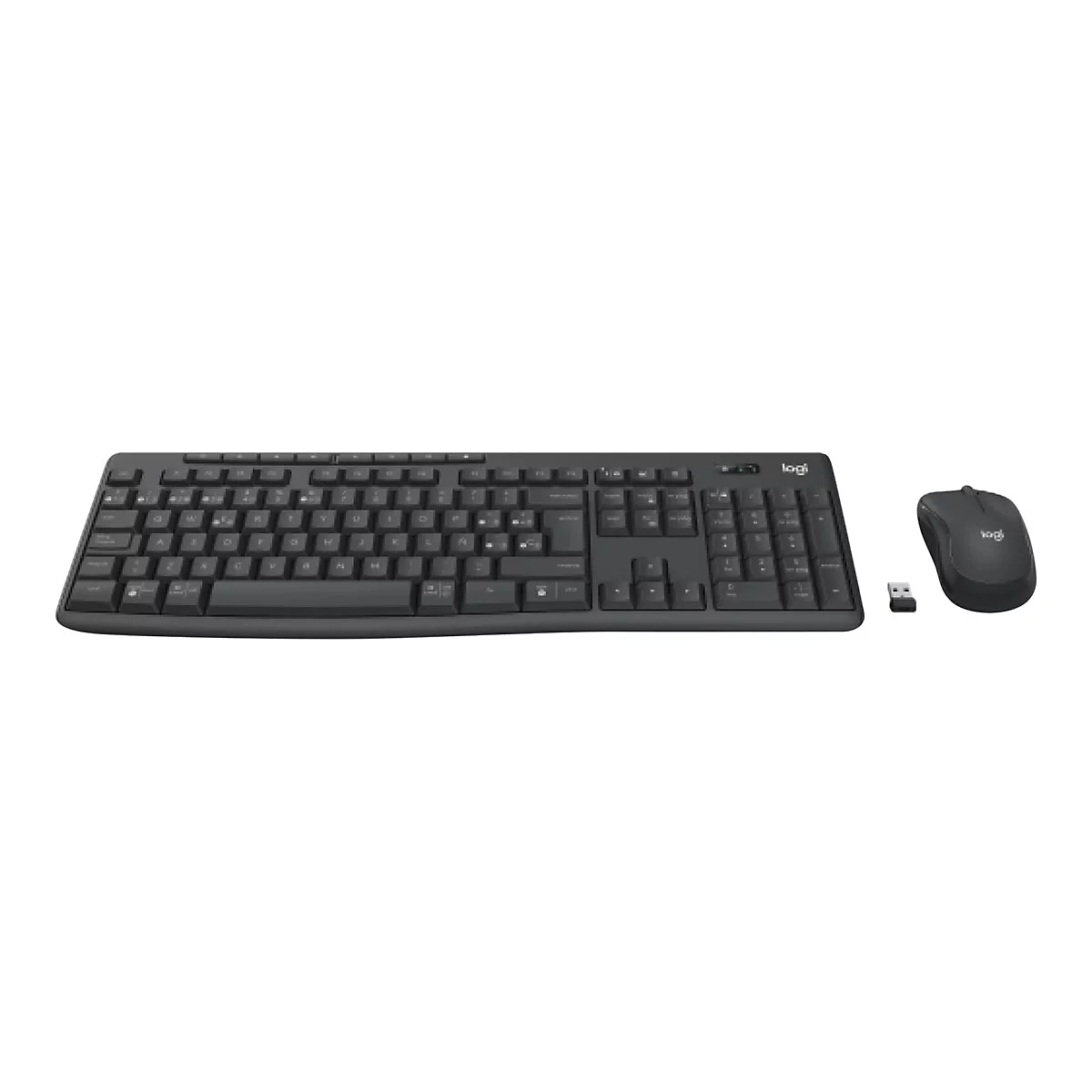 Drahtloses, schwarzes Tastatur-Maus-Set von Logitech, auf weißem Hintergrund.