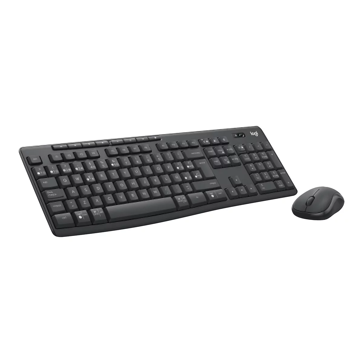 Schwarze Tastatur und Maus auf weißem Hintergrund. Die Tastatur trägt das Logo von Logitech.