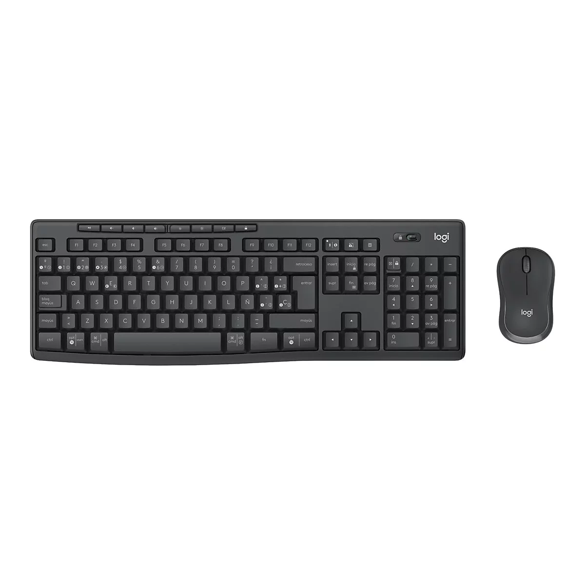 Drahtlose Tastatur und Maus, schwarz. Die Tastatur hat ein Layout mit Ziffernblock. Die Maus hat ein Logi-Logo.