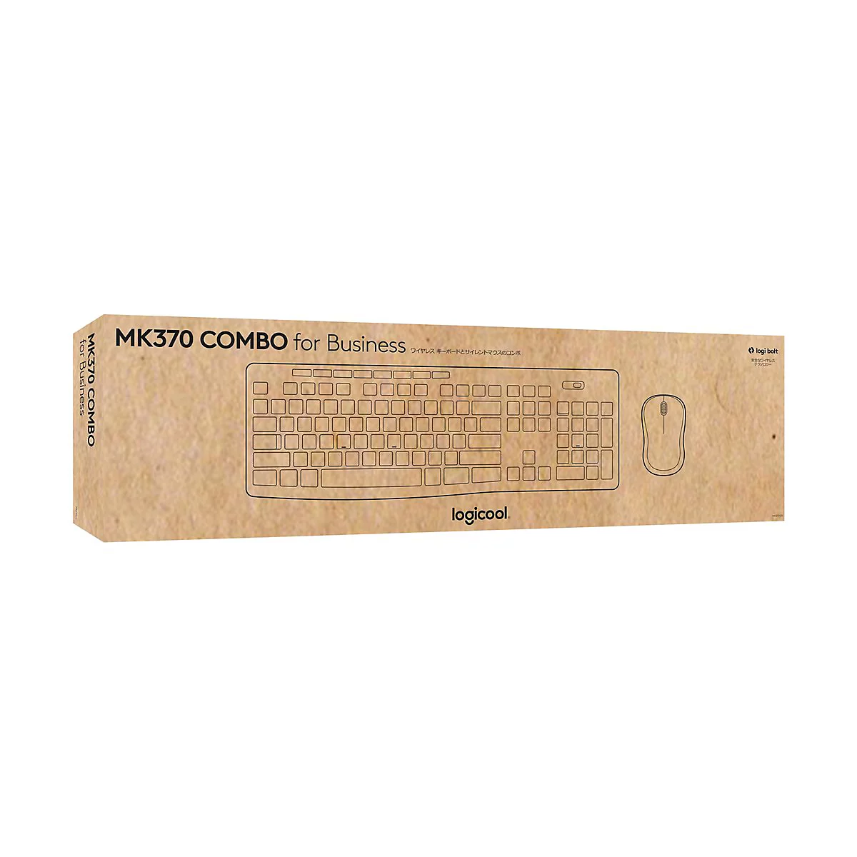 Verpackung eines Logitech MK370 Combo for Business: Tastatur und Maus in Schwarz auf braunem Karton.