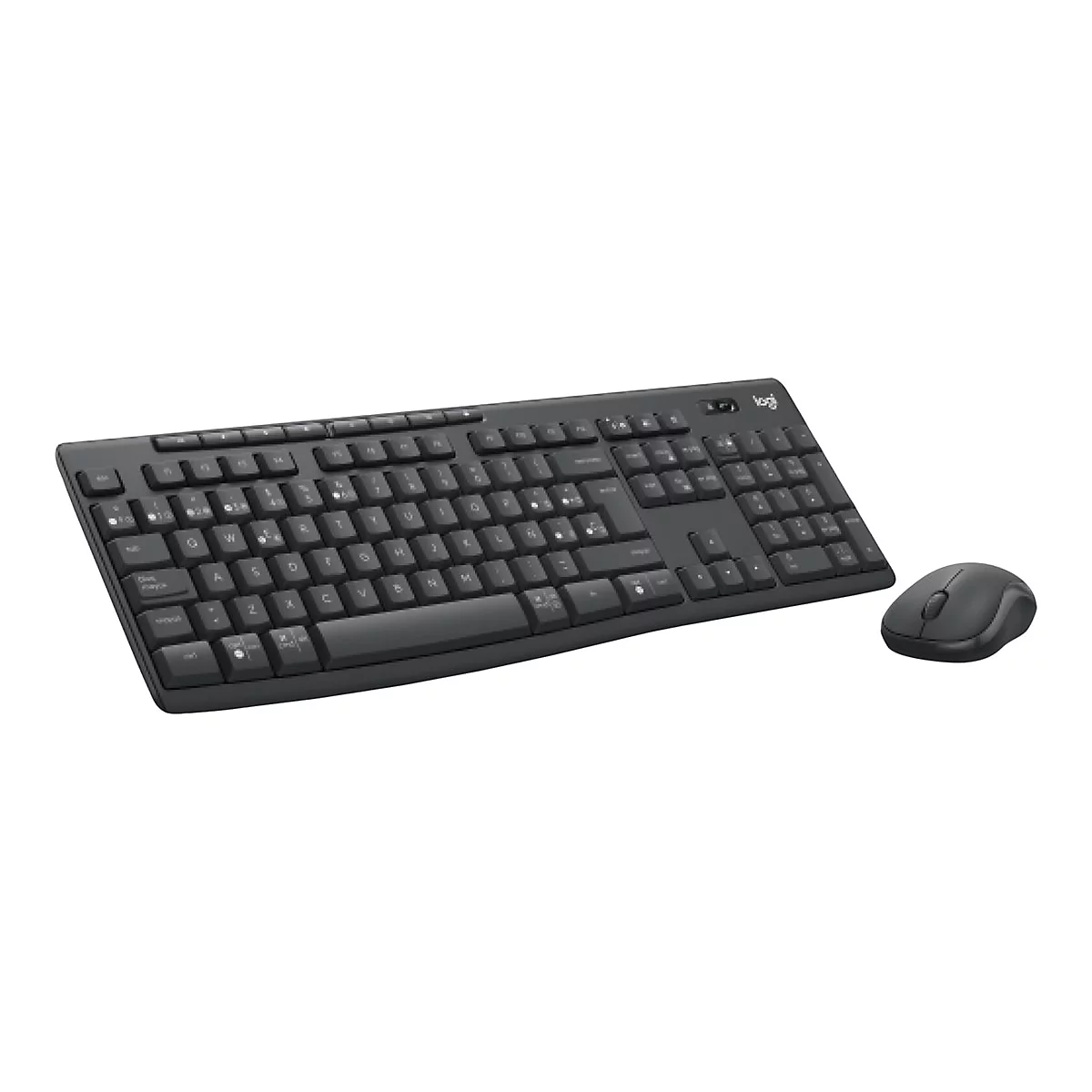 Clavier et souris noirs sur fond blanc. Le clavier a une disposition complÃ¨te, la souris est ergonomique.