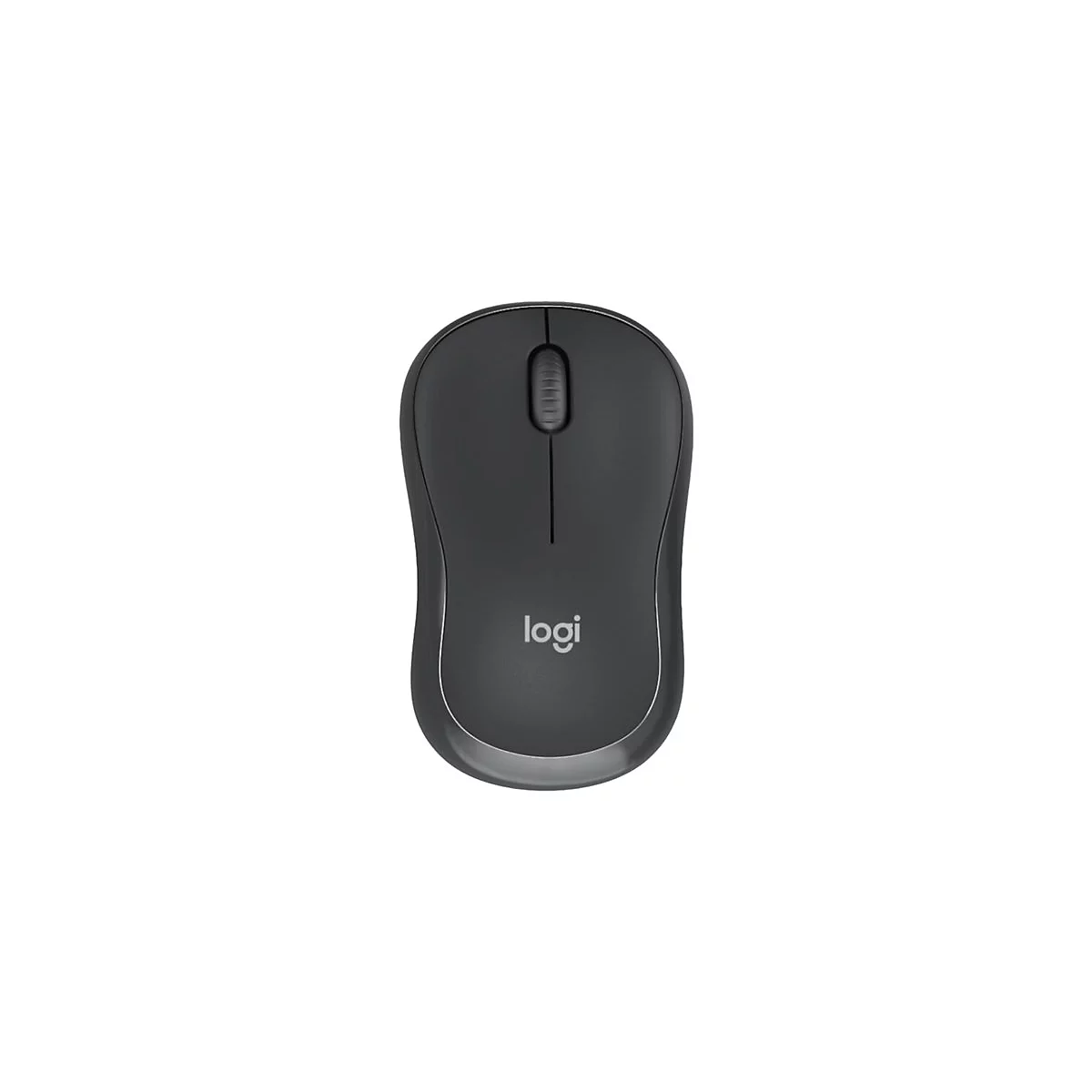 Souris sans fil, gris foncÃ©. Il y a une molette de dÃ©filement en haut, en dessous le logo Logitech.