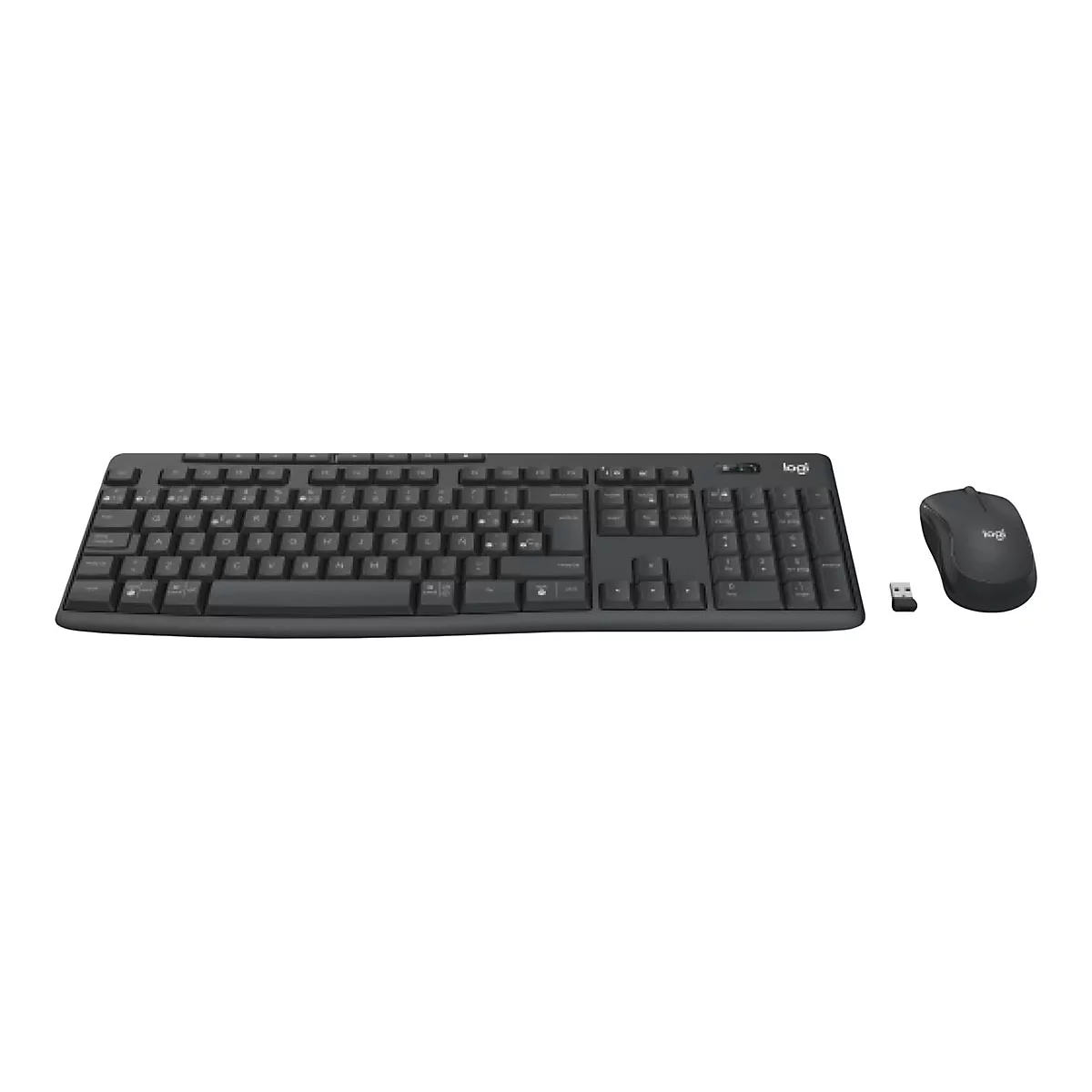 Ensemble clavier-souris sans fil noir. Le clavier est rectangulaire, la souris ovale. Les deux sont posÃ©s sur un fond blanc.