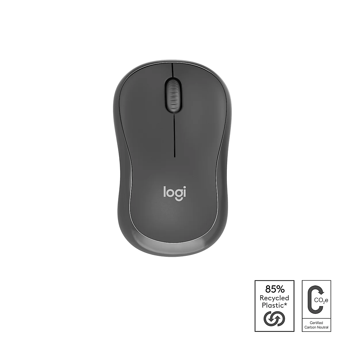 Gray Logitech mouse, white background. Bottom right, symbols: 85% recycled plastic, CO2 neutral.