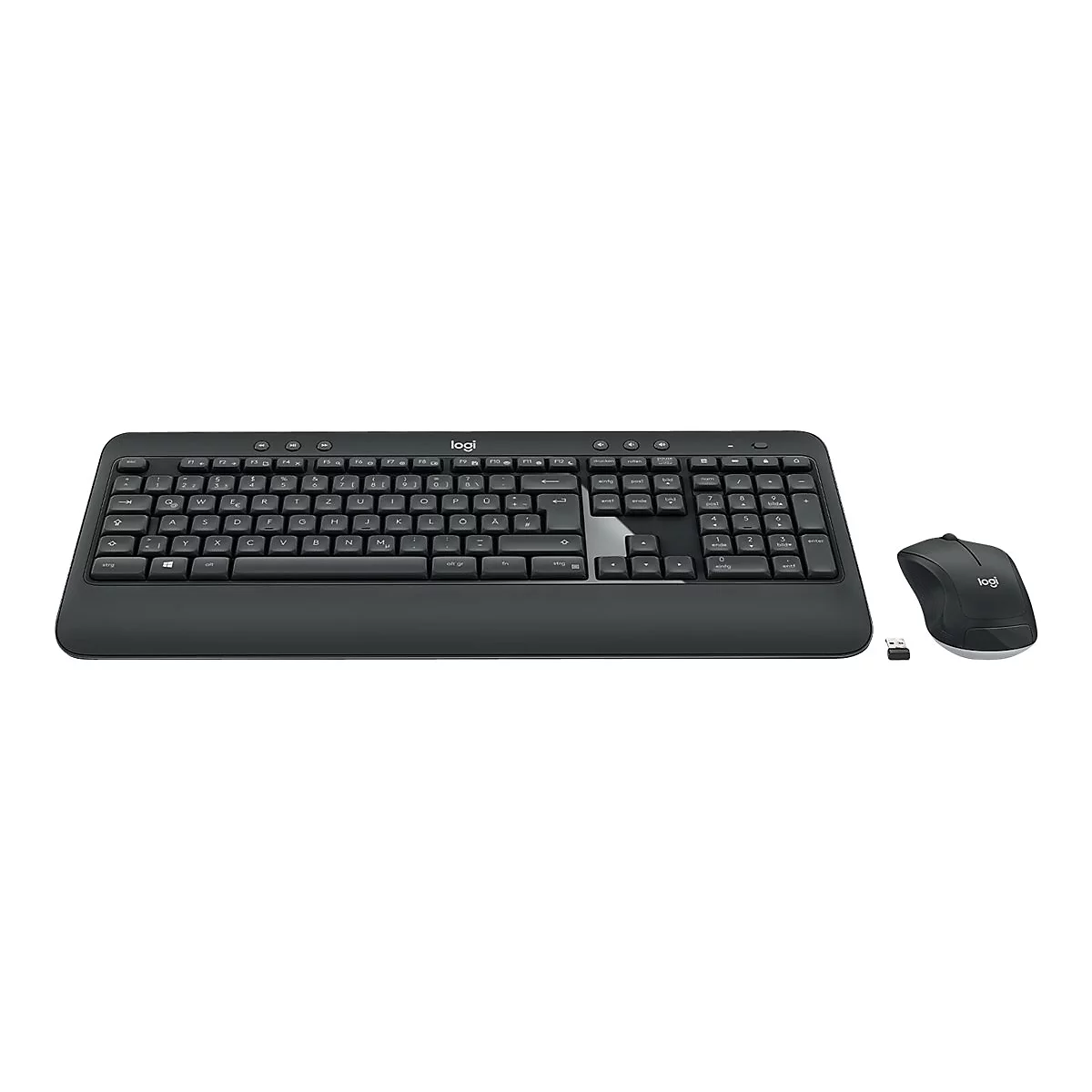 Schwarzes Logitech-Tastatur- und Maus-Set, Funkverbindung, auf weißem Hintergrund.