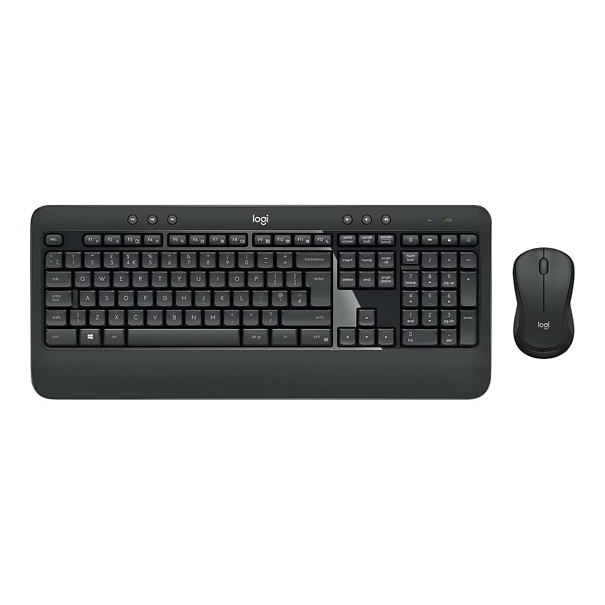 Schwarzes Tastatur-Maus-Set mit Logitech-Logo, Tasten und Nummern.