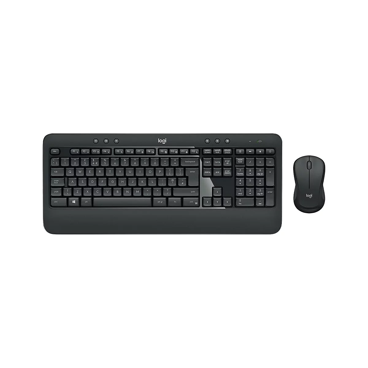 Schwarzes drahtloses Logitech-Tastatur-Maus-Set vor weiÃŸem Hintergrund.