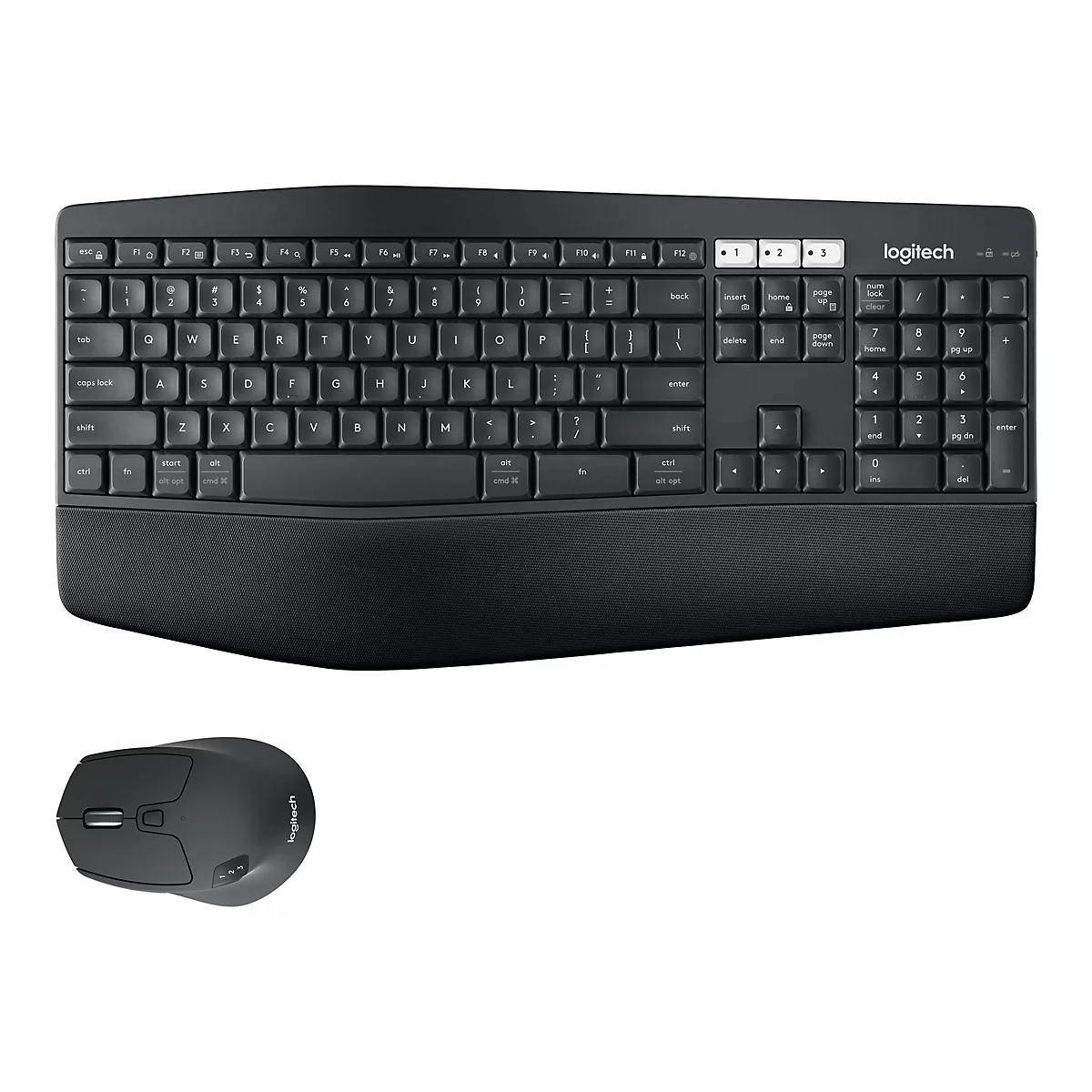 Vue de dessus d'un clavier et d'une souris noirs Logitech. Le clavier possède un repose-poignets intégré et une rangée de touches de fonction.