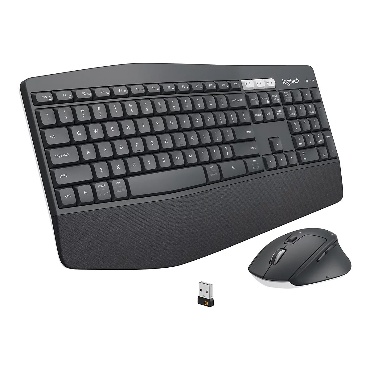 Ensemble clavier et souris Logitech sans fil de couleur grise. Le clavier a une forme ergonomique avec un repose-poignet. Le récepteur USB est à côté de la souris.