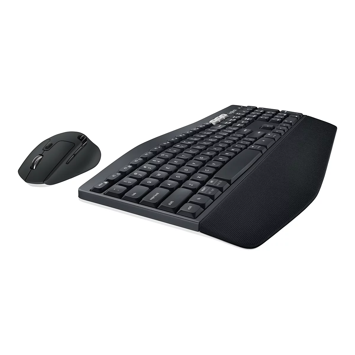Vue de dessus d'un clavier et d'une souris sans fil noirs. Le clavier possède un repose-poignet.