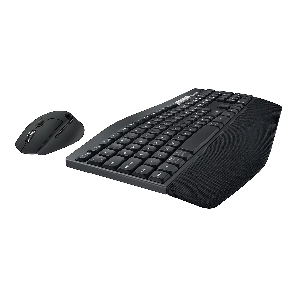 Vue de dessus d'un ensemble clavier et souris sans fil noir. Le clavier est doté d'un repose-poignet intégré. La souris est conçue de manière ergonomique.