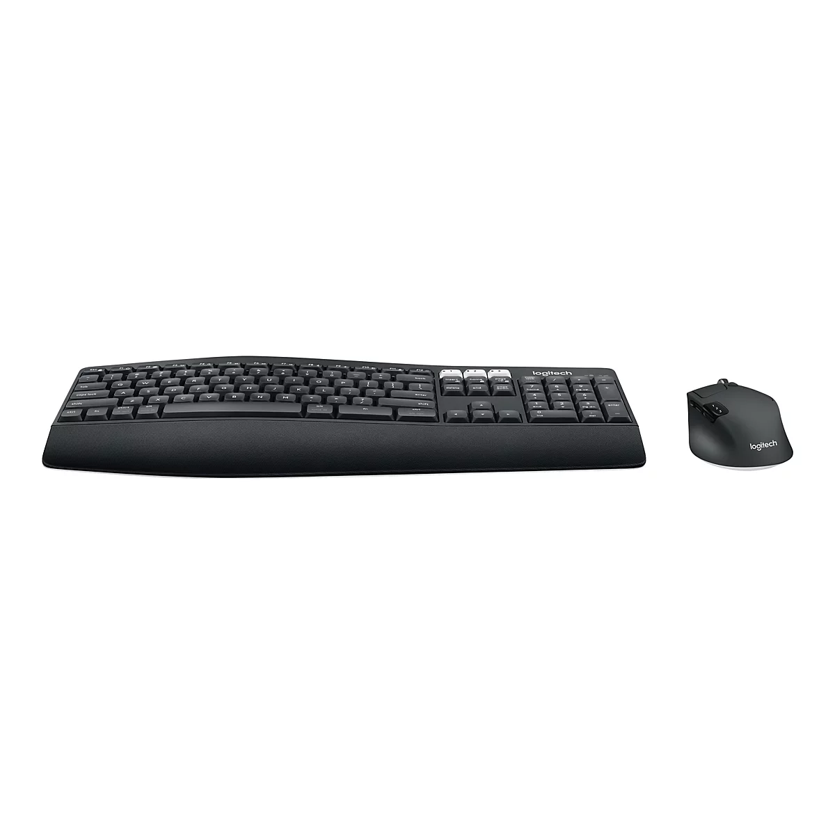 Clavier et souris Logitech noirs sur fond blanc.
