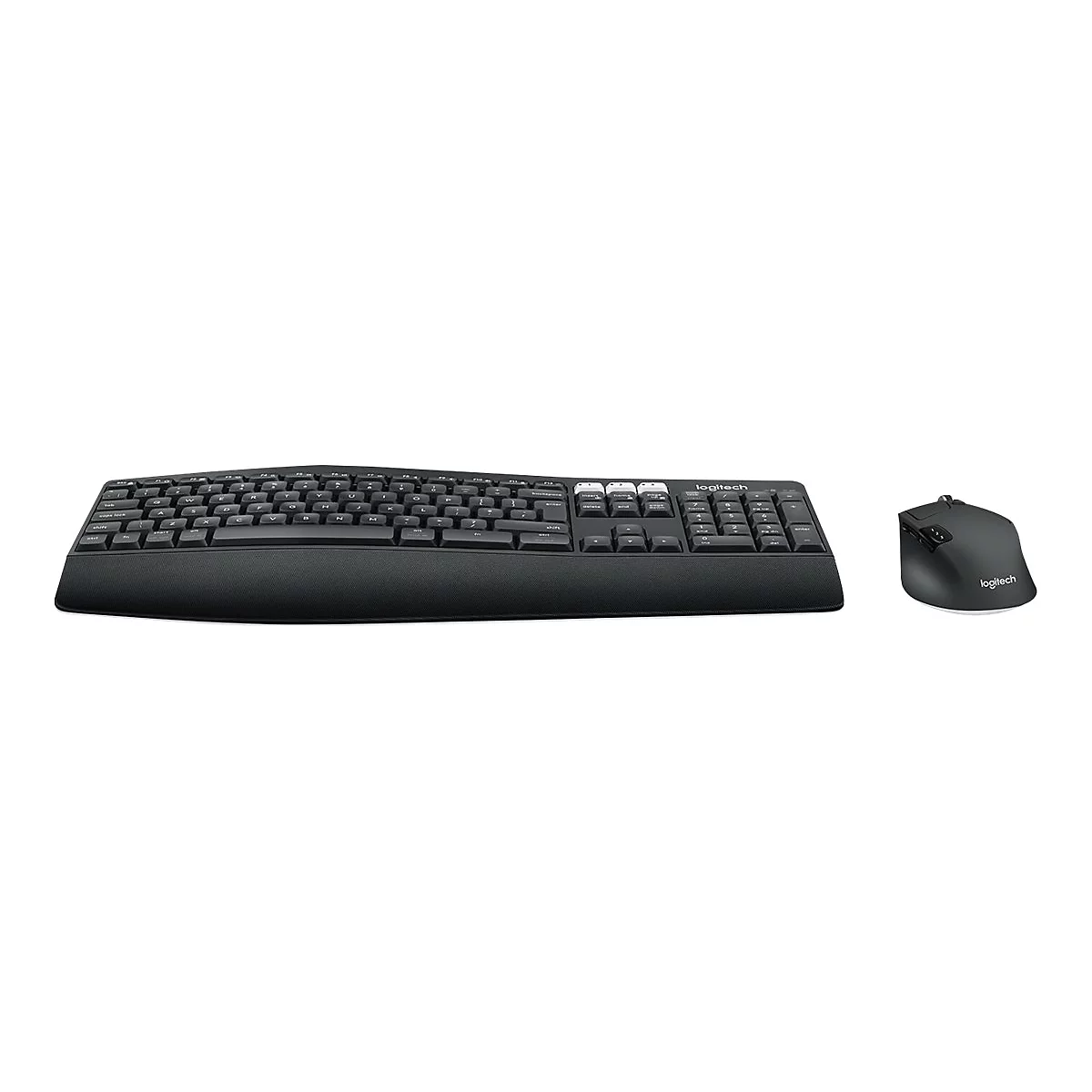 Schwarze Tastatur und Maus von Logitech, auf weiÃŸem Grund.