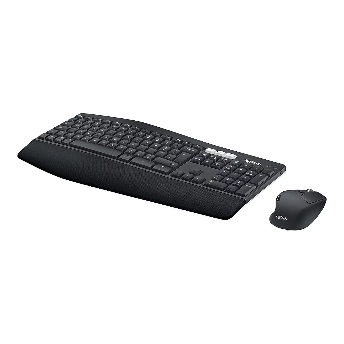 Schwarzes kabelloses Keyboard und Maus Set von Logitech, vor weiÃŸem Hintergrund.