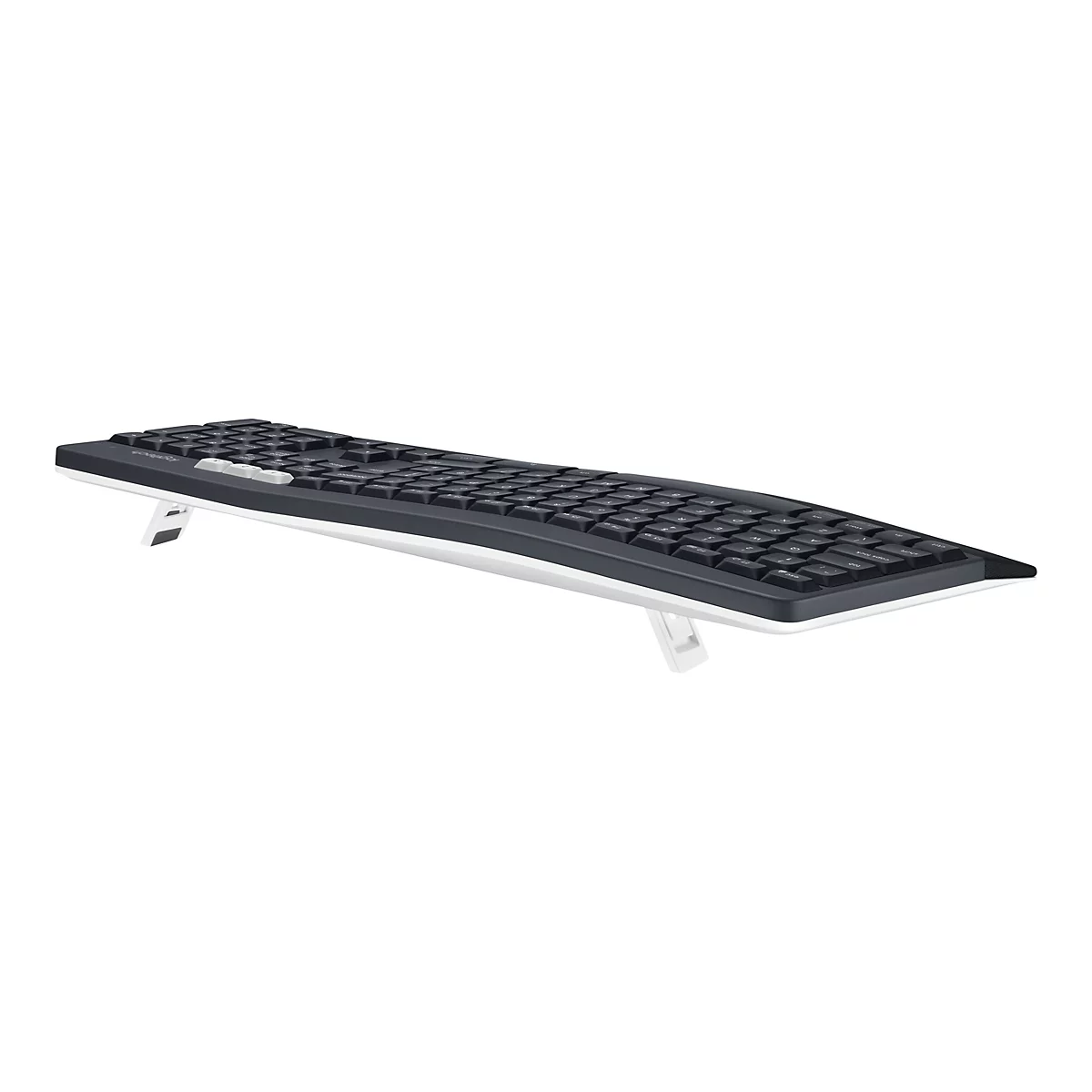 Schwarze, geschwungene Tastatur mit weiÃŸem Rand, leicht erhÃ¶ht durch StÃ¼tzen.