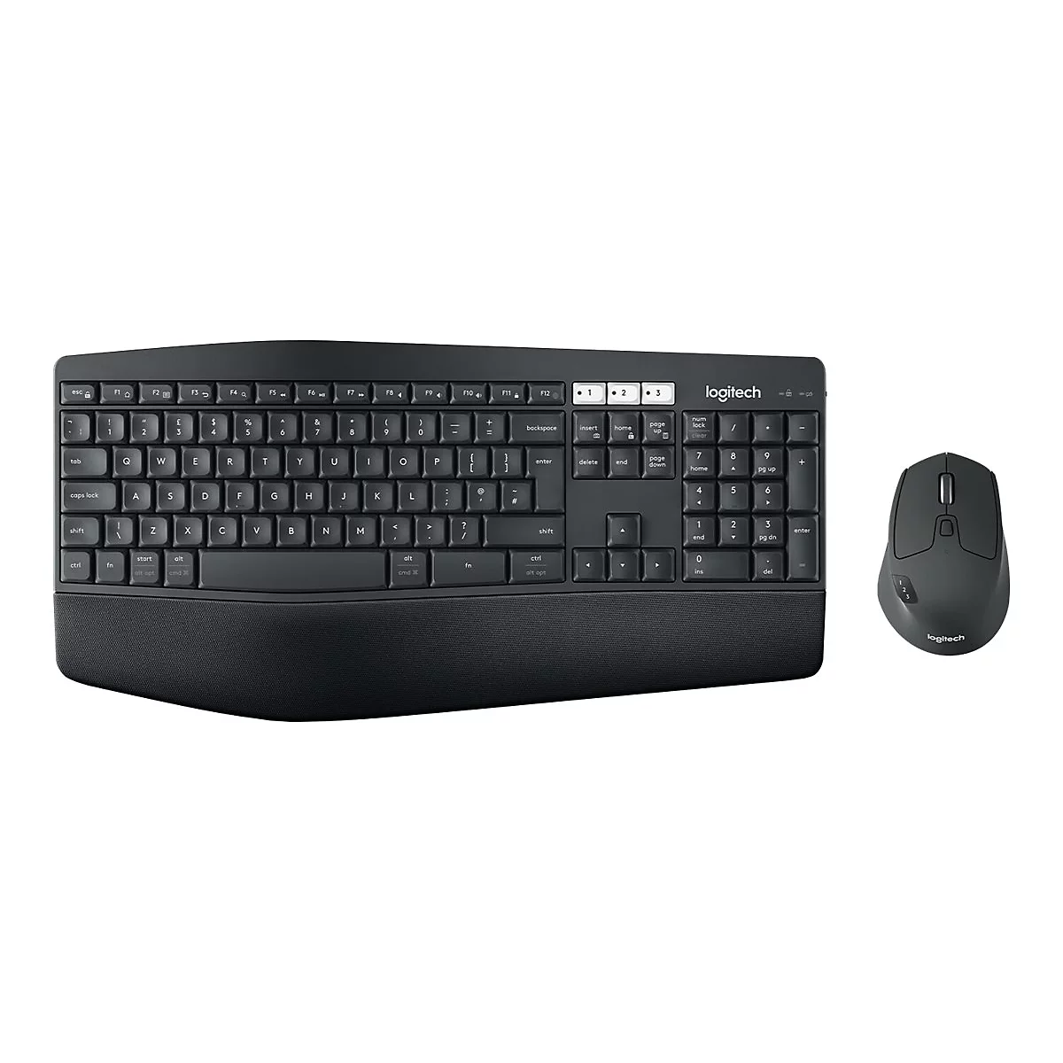Schwarzes kabelloses Logitech-Tastatur-Maus-Set auf weiÃŸem Hintergrund.