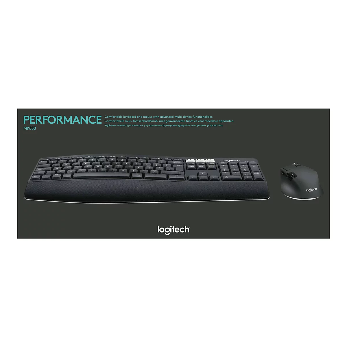 Schwarze Logitech Tastatur mit Maus auf dunkelgrauem Hintergrund. Das Wort Performance und der Markenname sind zu sehen.