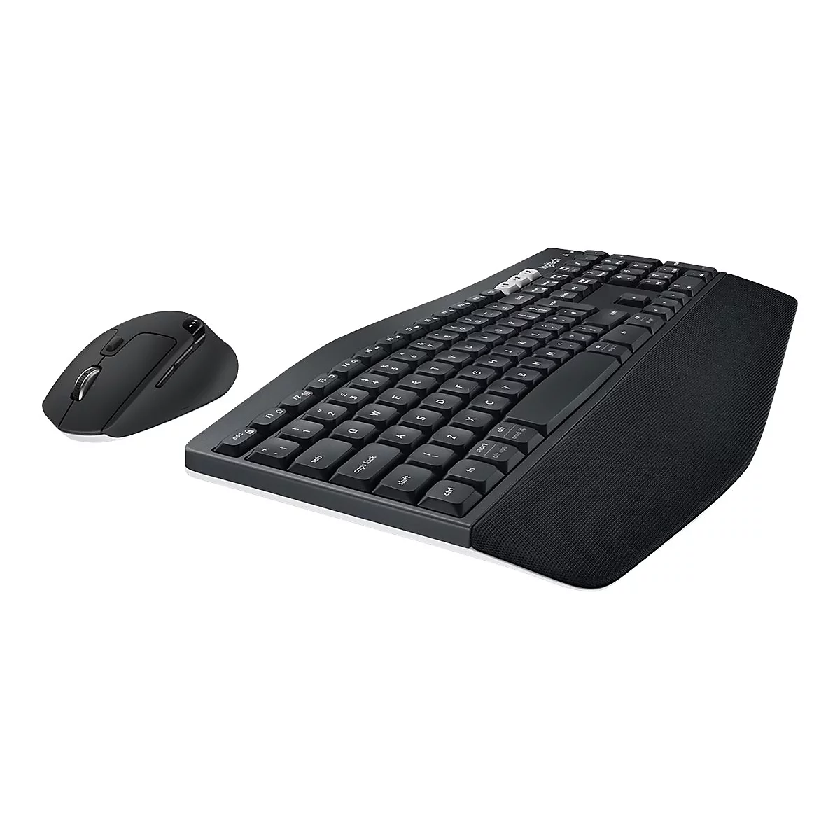 Schwarzes ergonomisches Tastatur-Maus-Set. Die Tastatur hat eine Handauflage und ist leicht gebogen. Die Maus ist klein und mit Tasten ausgestattet.
