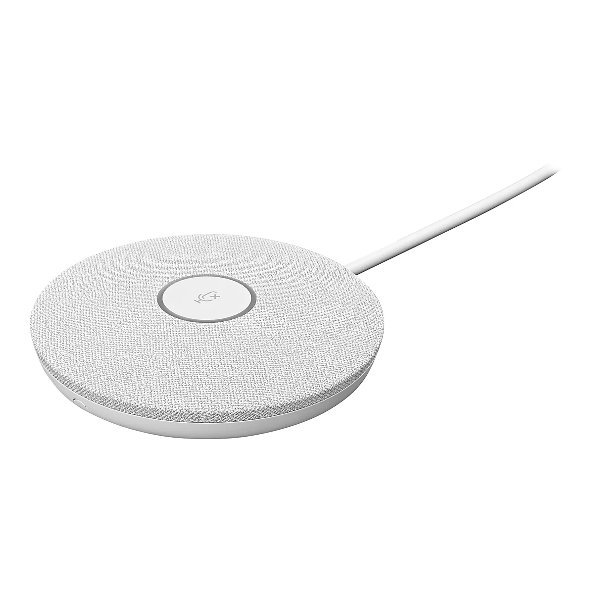 Haut-parleur de table de conférence rond et blanc avec câble. Un symbole de microphone est affiché sur la surface.