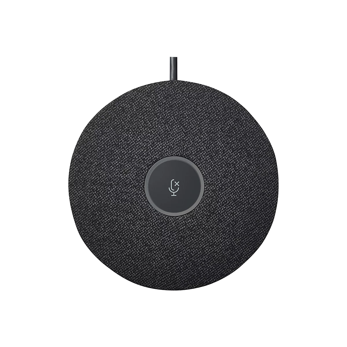 Haut-parleur de conférence rond et noir avec un symbole de microphone au centre.