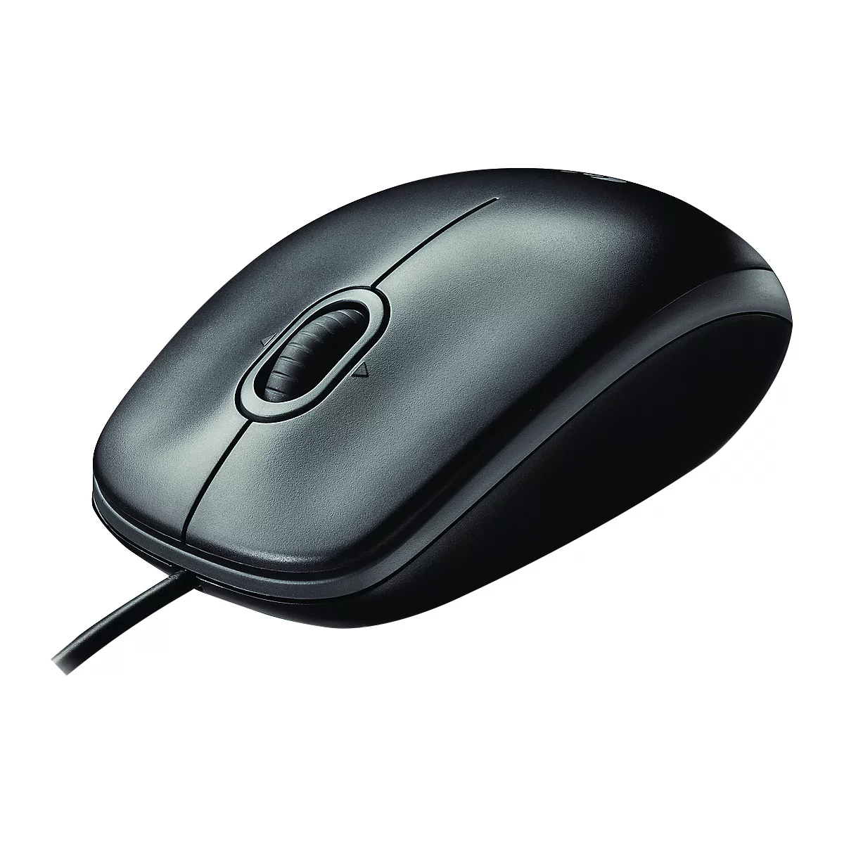 Black computer mouse with cable. A scroll wheel and two mouse buttons are visible.