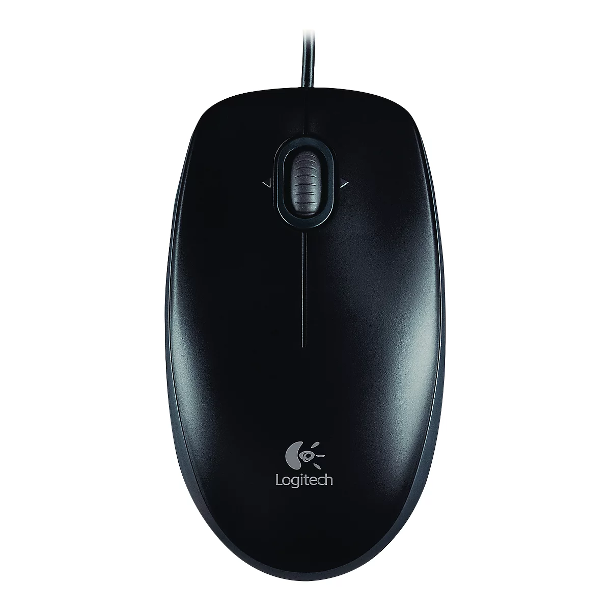 Black Logitech computer mouse. The device is oval and has a scroll wheel and a logo.