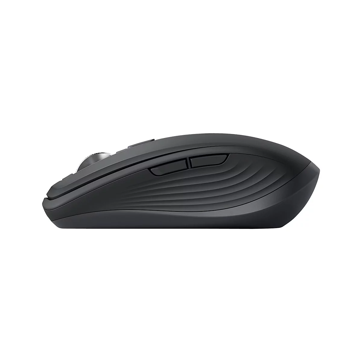 Draufsicht einer schwarzen, ergonomischen Computermaus. Die Maus hat gerundete Kanten und eine wellenfÃ¶rmige OberflÃ¤che.
