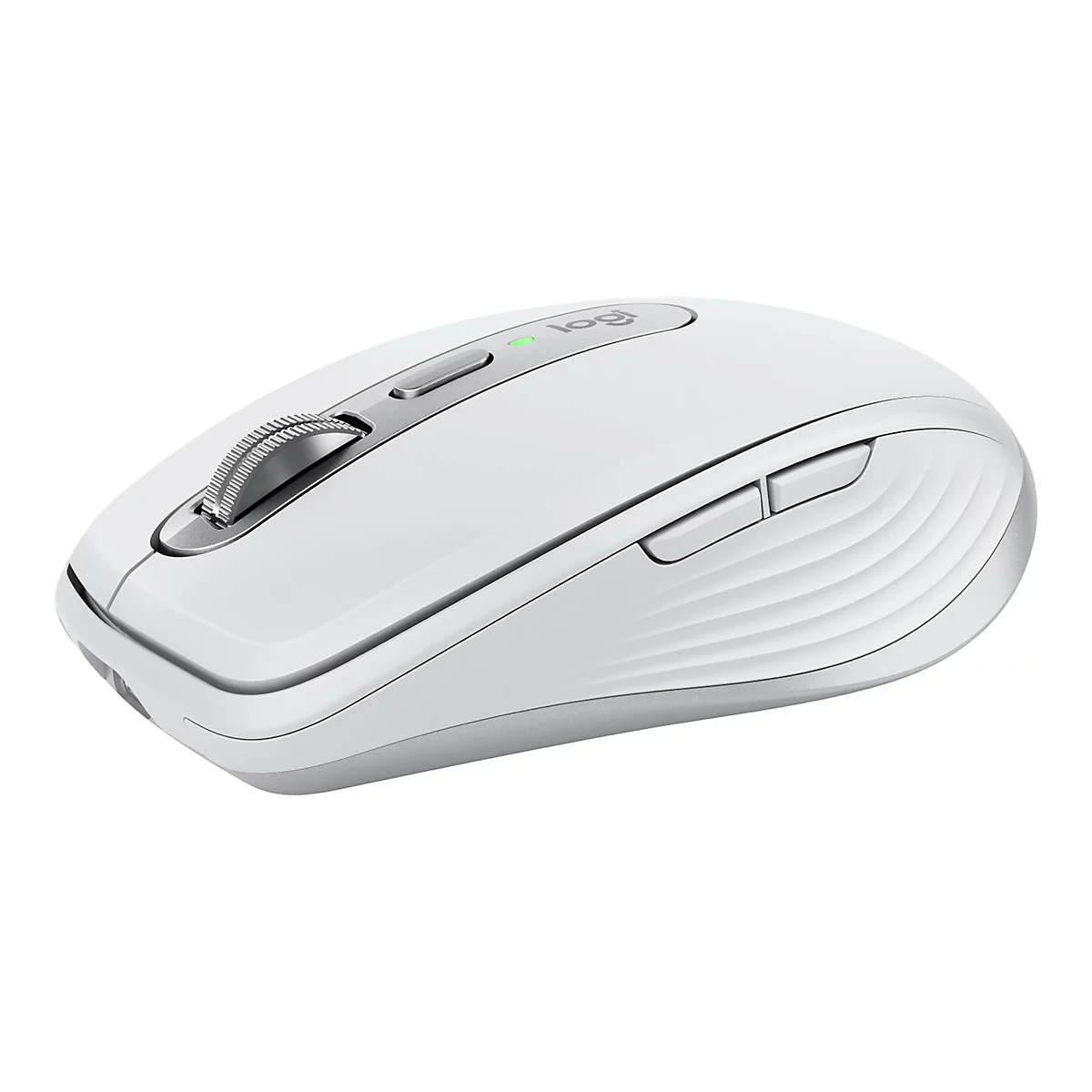 Weiße, ergonomische Computermaus, silberfarbene Akzente, Rollrad, Logo.